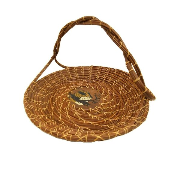 VTG Handcrafted Coiled Pine Needle Basket With Twisted Handles & Hand Painted - Picture 3 of 13